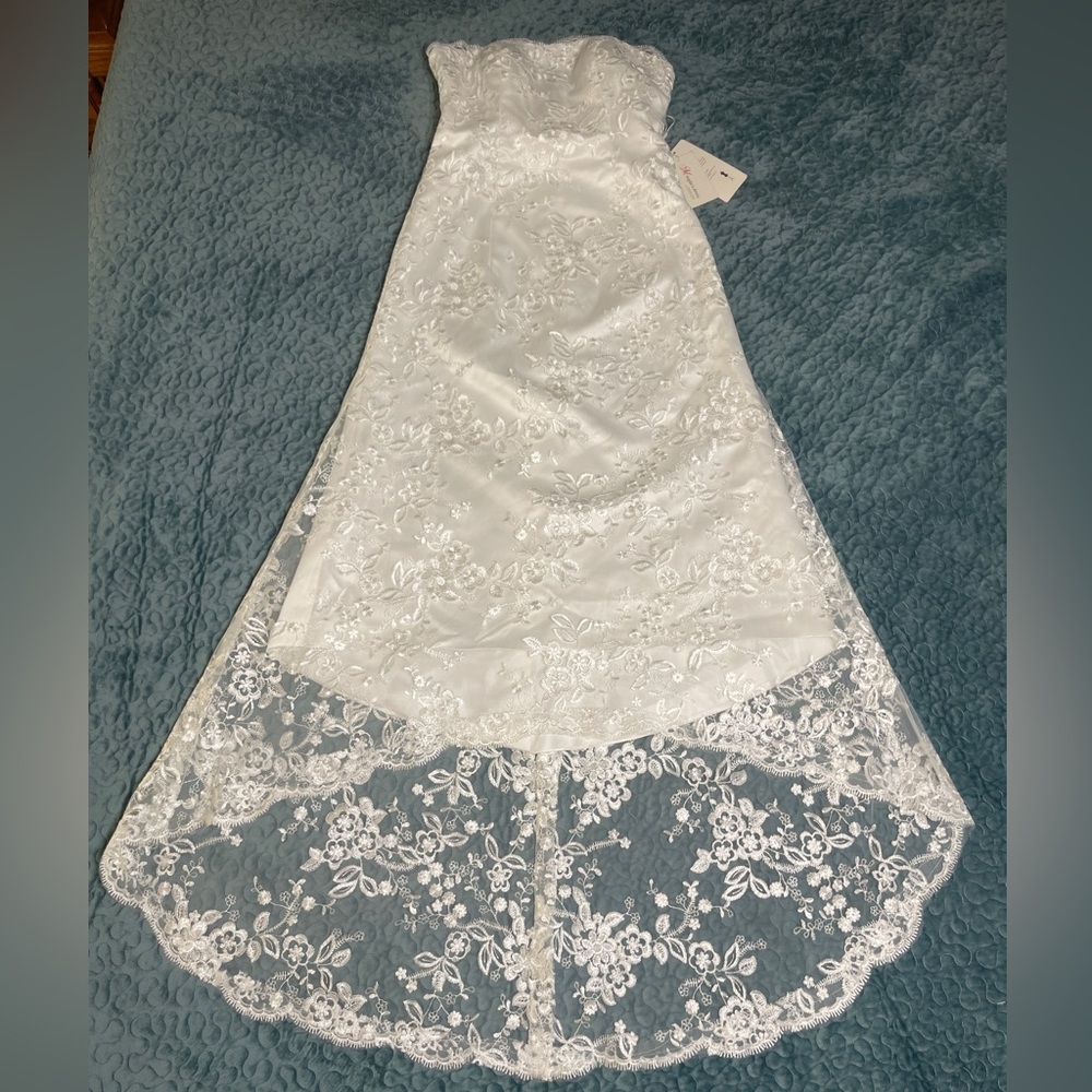 Mingda’s Dress NWT Wedding Dress White Floral Over Satin Sz Sm Strapless A-Line